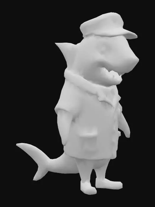 3D model for a shark dressed as a ticket booth attendant with a a red uniform and cap.  He has a friendly smile.