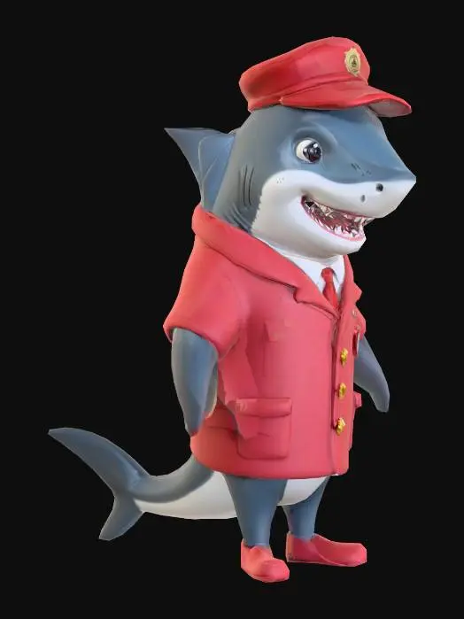 3D model for a shark dressed as a ticket booth attendant with a a red uniform and cap.  He has a friendly smile.