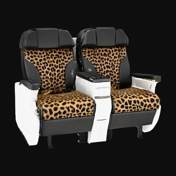 3D model for a pair of first class airplane seats side-by-side with leopard skin upholstery

