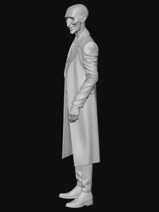 3D model for A tall humanoid ghost wearing a formal black suit and long dark coat in a clean minimal style. The face has no visible features, no eyes, nose, or ears, only a smooth shadow surface. A wide bloody smile appears across the empty face, creating a disturbing contrast. The character wears polished black boots and a simple wristwatch, adding subtle realism. The body looks slightly intangible with soft fading edges and shadow distortion. The overall design blends formal elegance with horror. High detail, cinematic lighting, soft shadows, dark atmosphere, game ready model, centered, no background.