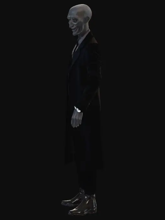 3D model for A tall humanoid ghost wearing a formal black suit and long dark coat in a clean minimal style. The face has no visible features, no eyes, nose, or ears, only a smooth shadow surface. A wide bloody smile appears across the empty face, creating a disturbing contrast. The character wears polished black boots and a simple wristwatch, adding subtle realism. The body looks slightly intangible with soft fading edges and shadow distortion. The overall design blends formal elegance with horror. High detail, cinematic lighting, soft shadows, dark atmosphere, game ready model, centered, no background.