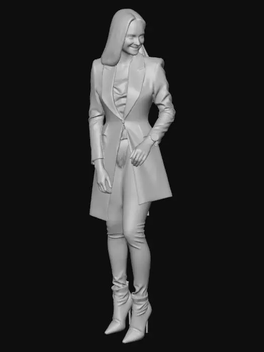 3D model for A tall female humanoid ghost wearing a fitted black suit and long dark coat in a clean minimal style. Her face has no visible features, no eyes, nose, or ears, only a smooth shadow surface. A wide bloody smile appears across the empty face, creating a disturbing contrast. Her silhouette is curvy with a defined feminine shape, adding an unsettling elegance to her presence. She wears polished black boots and a simple wristwatch. The body appears slightly intangible with soft fading edges and shadow distortion. High detail, cinematic lighting, soft shadows, dark atmosphere, game ready model, centered, no background.