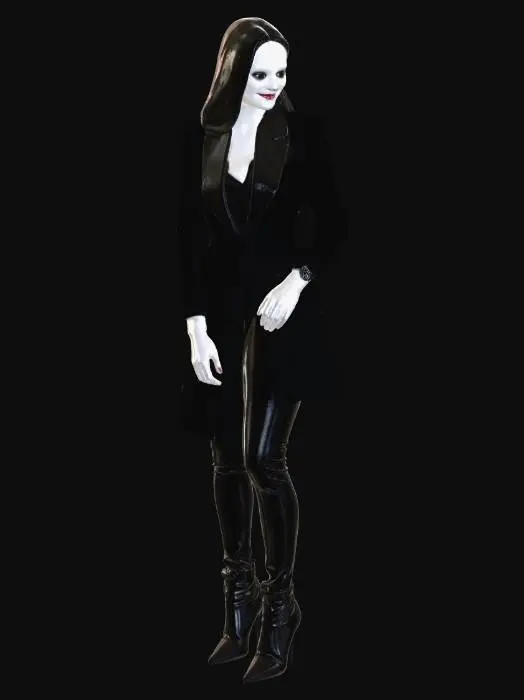 3D model for A tall female humanoid ghost wearing a fitted black suit and long dark coat in a clean minimal style. Her face has no visible features, no eyes, nose, or ears, only a smooth shadow surface. A wide bloody smile appears across the empty face, creating a disturbing contrast. Her silhouette is curvy with a defined feminine shape, adding an unsettling elegance to her presence. She wears polished black boots and a simple wristwatch. The body appears slightly intangible with soft fading edges and shadow distortion. High detail, cinematic lighting, soft shadows, dark atmosphere, game ready model, centered, no background.