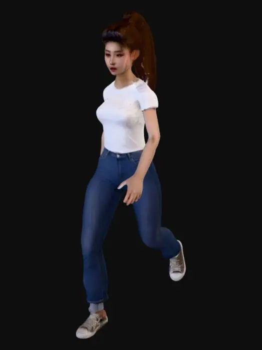 3D model for a ponytail girl who wear white T-shirts and jeans