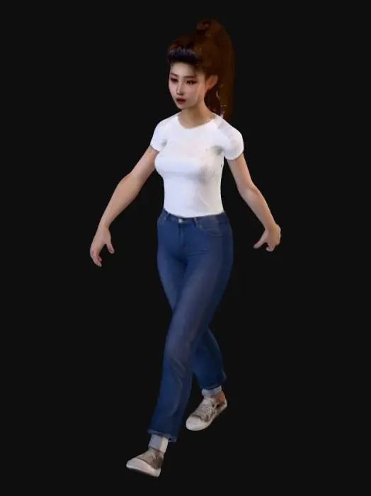 3D model for a ponytail girl who wear white T-shirts and jeans
