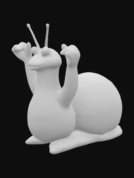 3D model for 
Modello 3D: Lumaca Ribelle (stile cartoon)

Descrizione:
- Creatura antropomorfa a forma di lumaca, in piedi su una pseudo-base piatta (la parte inferiore del corpo).
- Ha una conchiglia sulla schiena, corpo molle e viscido stilizzato.
- Braccia umane stilizzate sollevate frontalmente, entrambe con il dito medio alzato (gesto provocatorio).
- Occhi opzionali su peduncoli, stile cartoon.
- Nessuna base esterna.

Dettaglio speciale:
- Nella parte inferiore del corpo (sotto la lumaca), INCISA la scritta: "Buongiorno un Caxxx"
- Il messaggio è nascosto, visibile solo capovolgendo il modello.

Stile:
- Cartoon semi-realistico, simpatico ma esplicito.
- Nessuna texture, solo mesh pulita, pronta per stampa 3D.

File output desiderato:
- .blend per Blender
- (facoltativo: STL per stampa FDM)
