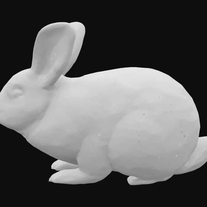 3D model for Un conejo de tamaño mediano, con una postura tranquila y recostada. Su pelaje denso y suave es de un color gris plateado uniforme, con reflejos que varían de claro a oscuro. Tiene orejas largas y erguidas con puntas negras, ojos marrones oscuros, y una cola pequeña y redonda de color blanco brillante, que contrasta con el cuerpo. Su forma es robusta y redondeada. su raza es un american chinchilla un tipo de conejo
