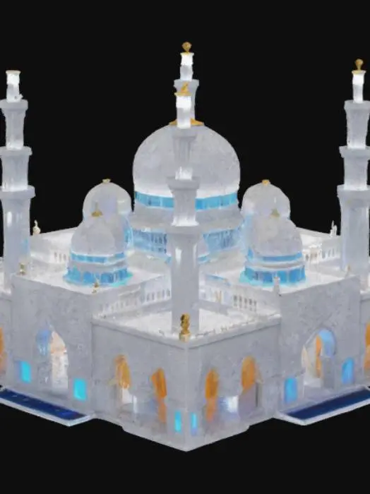 3D model for a highly detailed 3D model of a futuristic mosque designed in a sci-fi architectural style. The mosque should feature glowing white domes, semi-transparent minarets with energy lines, floating prayer platforms, and intricate geometric patterns integrated with blue LED-like lights. Include a large, open courtyard with a glass-like reflective floor, solar panel arrays on the rooftop, and a digital calligraphy dome centerpiece glowing with soft golden light. The environment is a peaceful twilight desert, with soft sand and distant stars beginning to appear in the sky