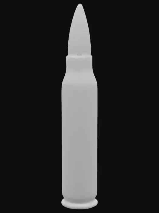 3D model for A small, cylindrical bullet, typically made of brass or copper, tapers to a pointed or rounded tip. Its metallic surface is smooth and reflective, often with a subtle sheen, and can display faint concentric rings or tool marks. The base is flat, designed to fit snugly into a cartridge casing. Its color is a distinct golden or coppery hue, and it feels cold, dense, and perfectly smooth to the touch, with a significant weight for its size.