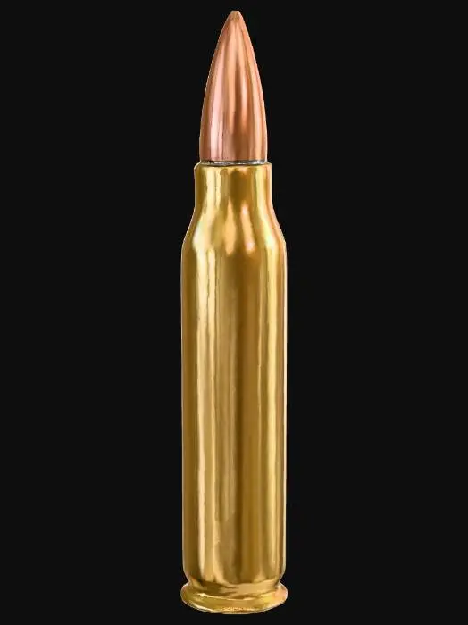 3D model for A small, cylindrical bullet, typically made of brass or copper, tapers to a pointed or rounded tip. Its metallic surface is smooth and reflective, often with a subtle sheen, and can display faint concentric rings or tool marks. The base is flat, designed to fit snugly into a cartridge casing. Its color is a distinct golden or coppery hue, and it feels cold, dense, and perfectly smooth to the touch, with a significant weight for its size.