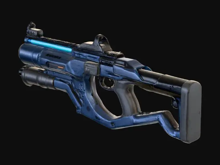 3D model for Asymmetrisches, hochstilisiertes Railgun-Präzisionsgewehr. Schlanker Rahmen mit freiliegender Schienenkonstruktion; vorne verstärkte Leiterschiene. Seitlich integrierte Energiekompressionskammer mit leuchtendem Neonblau, teils transparent geschützt. Gehäuse aus gebürstetem Metall und Carbon; modulare Picatinny-Segmente. Ergonomischer Pistolengriff, verstellbare Schulterstütze mit Rückstoßdämpfer. Kleine seitliche Holoanzeige für Munition, Spulenstatus, Überhitzung. Sichtbare Schrauben, Kabel, Schmauch- und Kratzspuren. Farbpalette: Stahlgrau, Schwarz, Neonblau. Halb-realistisch, stilisiert. Kontrastreicher, neutraler Studio-Hintergrund. Entlang des Laufs freiliegende Spulenwicklungen mit Keramik-Isolatoren und Kühlrippen; seitliche Serviceports, Warnmarkierungen, gravierte Seriennummer.