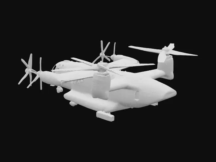 3D model for Tilt-Rotor-Transporter mit schlankem Tragflügel und drehbaren Gondeln, Mehrblattrotoren. Mittelhoher Rumpf, Bugrad; Hecktür/Rampe abgesenkt. Innen: Netzsitzreihen längs, rutschhemmender Boden, Notfall-Pakete. Außen: Wartungspaneele, Nieten, Antennen, Positionslichter; Zusatztanks unter Flügeln, leere Hardpoints. Zweifarbige Lackierung Gunmetal/helles Grau, Warnfelder gelb/schwarz, Kennungen; Abgasfahnen-Spuren. Halb-realistisch, stilisiert.