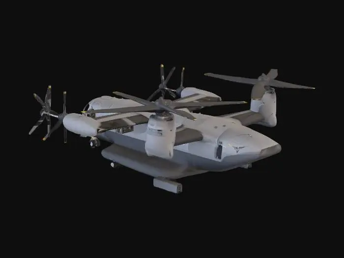 3D model for Tilt-Rotor-Transporter mit schlankem Tragflügel und drehbaren Gondeln, Mehrblattrotoren. Mittelhoher Rumpf, Bugrad; Hecktür/Rampe abgesenkt. Innen: Netzsitzreihen längs, rutschhemmender Boden, Notfall-Pakete. Außen: Wartungspaneele, Nieten, Antennen, Positionslichter; Zusatztanks unter Flügeln, leere Hardpoints. Zweifarbige Lackierung Gunmetal/helles Grau, Warnfelder gelb/schwarz, Kennungen; Abgasfahnen-Spuren. Halb-realistisch, stilisiert.