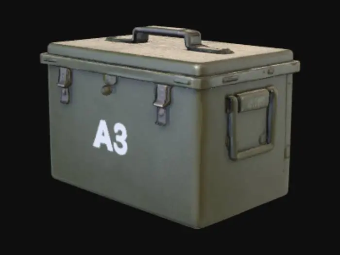 3D model for Realistic military metal ammunition box, rectangular shape with hinged lid and side carrying handle, olive drab paint finish, stenciled white ammo markings, subtle surface scratches, clean metallic edges, realistic scale, clean topology, PBR-ready textures, baked AO, optimized for real-time rendering.