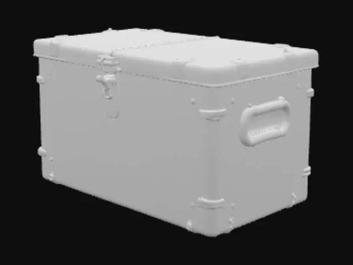 3D model for Weathered military metal ammunition box, rectangular with hinged lid and side handle, heavily rusted and chipped olive drab paint, faded stenciled markings, dents and corrosion spots, realistic worn metal texture, realistic scale, clean topology, PBR-ready materials, baked AO, optimized for game engines.
