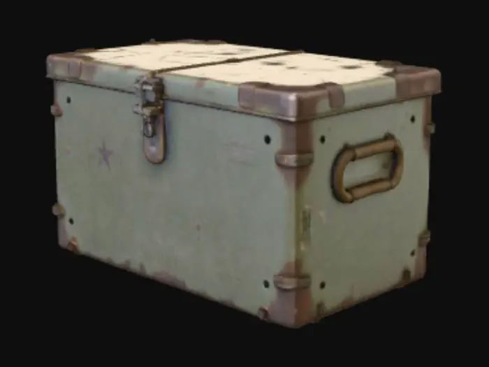 3D model for Weathered military metal ammunition box, rectangular with hinged lid and side handle, heavily rusted and chipped olive drab paint, faded stenciled markings, dents and corrosion spots, realistic worn metal texture, realistic scale, clean topology, PBR-ready materials, baked AO, optimized for game engines.

