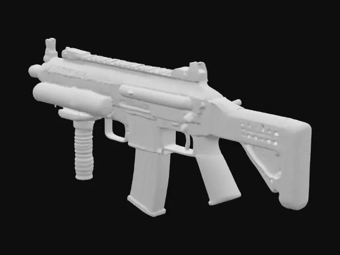 3D model for Late-90s Survival-Horror, Parasite Eve-inspiriert (keine Logos/IP). Game-ready, realistische Maße. Materialien: Stahl, lackiertes Metall, gealterter Kunststoff, Glas, Leder; kühle Blau/Grün/Grau, optionale Amber-LED. Dezent: Schmutz, Kantenabrieb, feine Kratzer. Technik: sauberes Manifold, nicht überlappende UVs, 1×2K PBR (BC/R/M/N/AO), 5–15k Tris; Pivot Basiszentrum, Y-Up, Z-Forward (Unity). Studio-Neutrallicht; keine Schrift/Decals; funktionale Silhouetten.

Kompaktes 9×19-SMG, 40 cm eingeklappt, Drahtschaft, seitlicher Spannhebel, gelochte Vorderschiene, gerades 30-Schuss-Magazin; parkerisierte Oberfläche, Polymerteile, leichte Gebrauchsspuren.