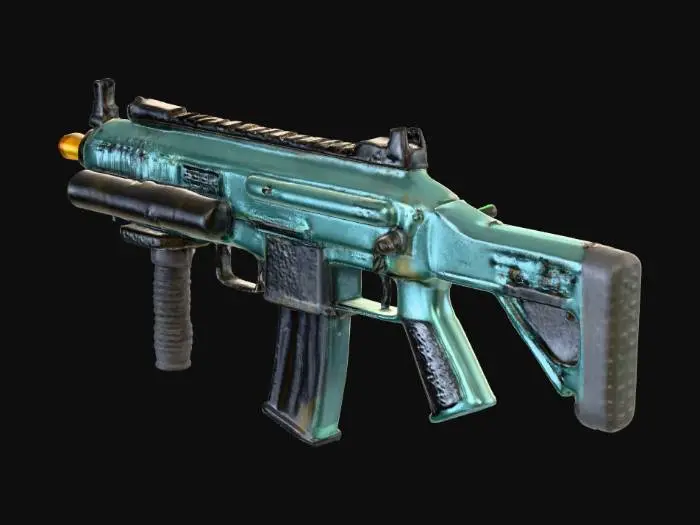 3D model for Late-90s Survival-Horror, Parasite Eve-inspiriert (keine Logos/IP). Game-ready, realistische Maße. Materialien: Stahl, lackiertes Metall, gealterter Kunststoff, Glas, Leder; kühle Blau/Grün/Grau, optionale Amber-LED. Dezent: Schmutz, Kantenabrieb, feine Kratzer. Technik: sauberes Manifold, nicht überlappende UVs, 1×2K PBR (BC/R/M/N/AO), 5–15k Tris; Pivot Basiszentrum, Y-Up, Z-Forward (Unity). Studio-Neutrallicht; keine Schrift/Decals; funktionale Silhouetten.

Kompaktes 9×19-SMG, 40 cm eingeklappt, Drahtschaft, seitlicher Spannhebel, gelochte Vorderschiene, gerades 30-Schuss-Magazin; parkerisierte Oberfläche, Polymerteile, leichte Gebrauchsspuren.