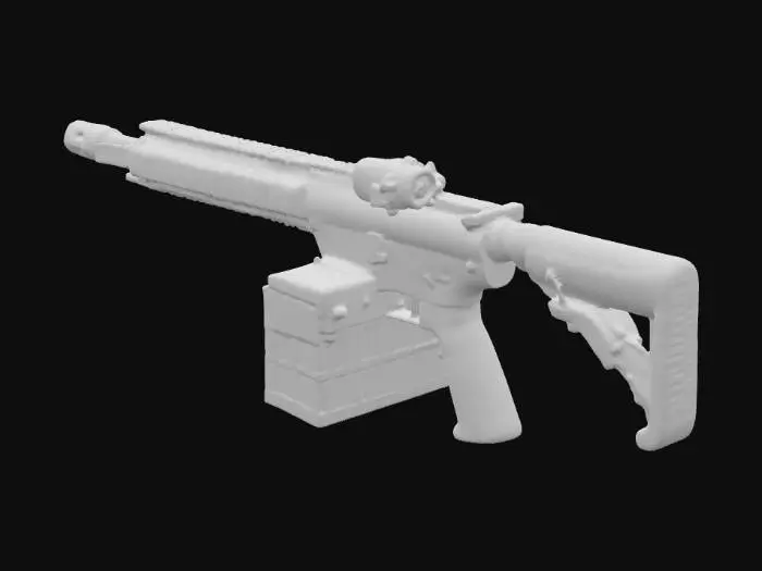 3D model for Late-90s Survival-Horror, Parasite Eve-inspiriert (keine Logos/IP). Game-ready, realistische Maße. Materialien: Stahl, lackiertes Metall, gealterter Kunststoff, Glas, Leder; kühle Blau/Grün/Grau, optionale Amber-LED. Dezent: Schmutz, Kantenabrieb, feine Kratzer. Technik: sauberes Manifold, nicht überlappende UVs, 1×2K PBR (BC/R/M/N/AO), 5–15k Tris; Pivot Basiszentrum, Y-Up, Z-Forward (Unity). Studio-Neutrallicht; keine Schrift/Decals; funktionale Silhouetten.

M4-Sturmkarabiner (5,56×45), ca. 84 cm Gesamt­länge, 14,5″-Lauf mit A2-Kompensator, festes Frontkorn, Flattop-Upper mit A2-Kimme (keine Optik), 6-Positionen-Teleskopschaft, 30-Schuss-STANAG-Magazin; Phosphatstahl/Polymer, matte Oberfläche mit dezentem Kantenabrieb; keine Markierungen, kein Text, keine Logos.
