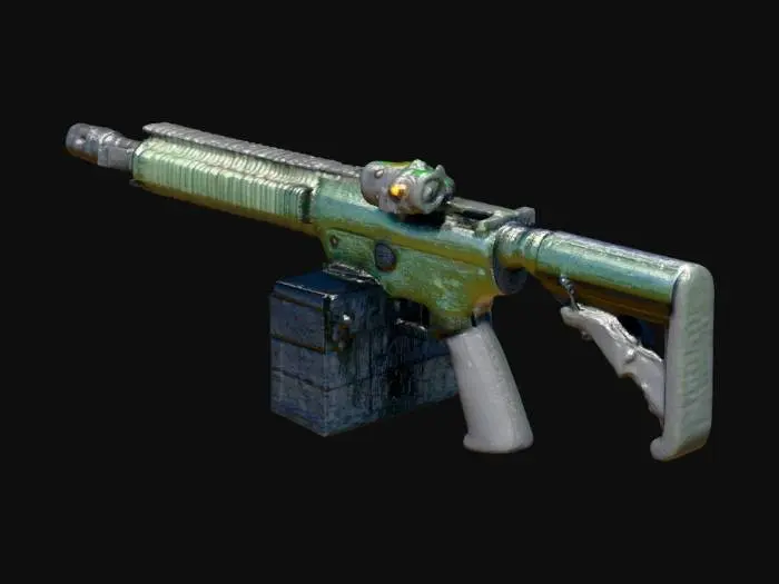 3D model for Late-90s Survival-Horror, Parasite Eve-inspiriert (keine Logos/IP). Game-ready, realistische Maße. Materialien: Stahl, lackiertes Metall, gealterter Kunststoff, Glas, Leder; kühle Blau/Grün/Grau, optionale Amber-LED. Dezent: Schmutz, Kantenabrieb, feine Kratzer. Technik: sauberes Manifold, nicht überlappende UVs, 1×2K PBR (BC/R/M/N/AO), 5–15k Tris; Pivot Basiszentrum, Y-Up, Z-Forward (Unity). Studio-Neutrallicht; keine Schrift/Decals; funktionale Silhouetten.

M4-Sturmkarabiner (5,56×45), ca. 84 cm Gesamt­länge, 14,5″-Lauf mit A2-Kompensator, festes Frontkorn, Flattop-Upper mit A2-Kimme (keine Optik), 6-Positionen-Teleskopschaft, 30-Schuss-STANAG-Magazin; Phosphatstahl/Polymer, matte Oberfläche mit dezentem Kantenabrieb; keine Markierungen, kein Text, keine Logos.
