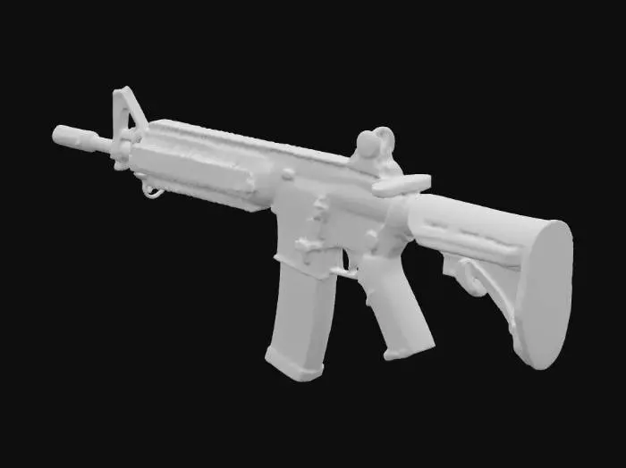 3D model for Late-90s Survival-Horror, Parasite Eve-inspiriert (keine Logos/IP). Game-ready, realistische Maße. Materialien: Stahl, lackiertes Metall, gealterter Kunststoff, Glas, Leder; kühle Blau/Grün/Grau, optionale Amber-LED. Dezent: Schmutz, Kantenabrieb, feine Kratzer. Technik: sauberes Manifold, nicht überlappende UVs, 1×2K PBR (BC/R/M/N/AO), 5–15k Tris; Pivot Basiszentrum, Y-Up, Z-Forward (Unity). Studio-Neutrallicht; keine Schrift/Decals; funktionale Silhouetten.

M4-Sturmkarabiner (5,56×45), ca. 84 cm Gesamt­länge, 14,5″-Lauf mit A2-Kompensator, festes Frontkorn, Flattop-Upper mit A2-Kimme (keine Optik), 6-Positionen-Teleskopschaft, 30-Schuss-STANAG-Magazin; Phosphatstahl/Polymer, matte Oberfläche mit dezentem Kantenabrieb; keine Markierungen, kein Text, keine Logos.
