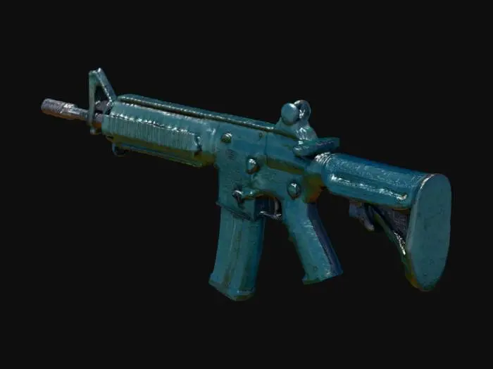 3D model for Late-90s Survival-Horror, Parasite Eve-inspiriert (keine Logos/IP). Game-ready, realistische Maße. Materialien: Stahl, lackiertes Metall, gealterter Kunststoff, Glas, Leder; kühle Blau/Grün/Grau, optionale Amber-LED. Dezent: Schmutz, Kantenabrieb, feine Kratzer. Technik: sauberes Manifold, nicht überlappende UVs, 1×2K PBR (BC/R/M/N/AO), 5–15k Tris; Pivot Basiszentrum, Y-Up, Z-Forward (Unity). Studio-Neutrallicht; keine Schrift/Decals; funktionale Silhouetten.

M4-Sturmkarabiner (5,56×45), ca. 84 cm Gesamt­länge, 14,5″-Lauf mit A2-Kompensator, festes Frontkorn, Flattop-Upper mit A2-Kimme (keine Optik), 6-Positionen-Teleskopschaft, 30-Schuss-STANAG-Magazin; Phosphatstahl/Polymer, matte Oberfläche mit dezentem Kantenabrieb; keine Markierungen, kein Text, keine Logos.
