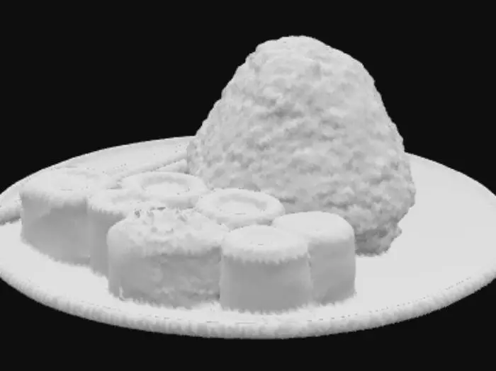 3D model for Das schönste, perfekteste und leckerste Onigiri Sushi das jemals hergestellt wurde. Detailliert und meisterhaft, nahezu gottgleich verarbeitet. Es liegt auf einem Teller aus der feinsten pozellanmanufaktur  Japans und ist reich an simplistoscher, dezent dekorierter Perfektion , so wie das Sushi was dazu liegt. Neben dem Sushi liegen zwei Essstäbchen aus Rosenholz, mit goldenen Metallspitzen an der Ober und Unterseite., #food#