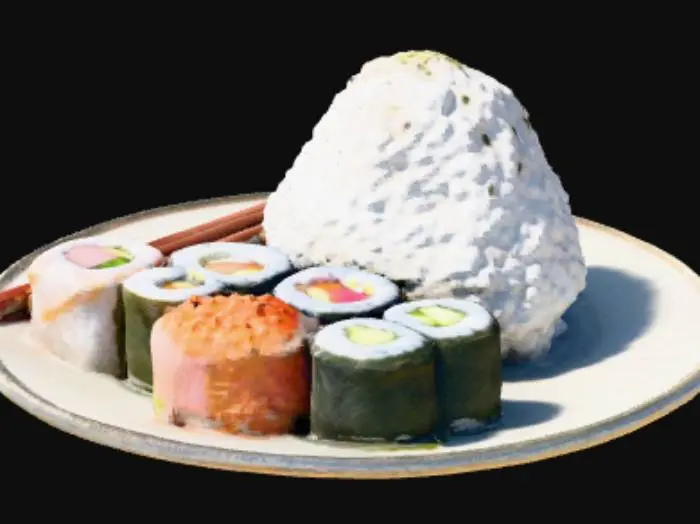 3D model for Das schönste, perfekteste und leckerste Onigiri Sushi das jemals hergestellt wurde. Detailliert und meisterhaft, nahezu gottgleich verarbeitet. Es liegt auf einem Teller aus der feinsten pozellanmanufaktur  Japans und ist reich an simplistoscher, dezent dekorierter Perfektion , so wie das Sushi was dazu liegt. Neben dem Sushi liegen zwei Essstäbchen aus Rosenholz, mit goldenen Metallspitzen an der Ober und Unterseite., #food#