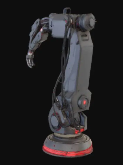 3D model for 2. Kybernetik-Montagearm
Großer, industrieller Roboterarm mit Präzisionsgreifer und Schweißmodul. Oberfläche aus mattiertem Metall mit Kratzern und Ölspuren. Kabelstränge hängen seitlich herunter, LED-Anzeigen an der Basis leuchten rot. Asymmetrisches Design, futuristisch, funktional. Farbpalette: Stahlgrau, Schwarz, Neonrot. Kontrastreicher, neutraler Studio-Hintergrund.