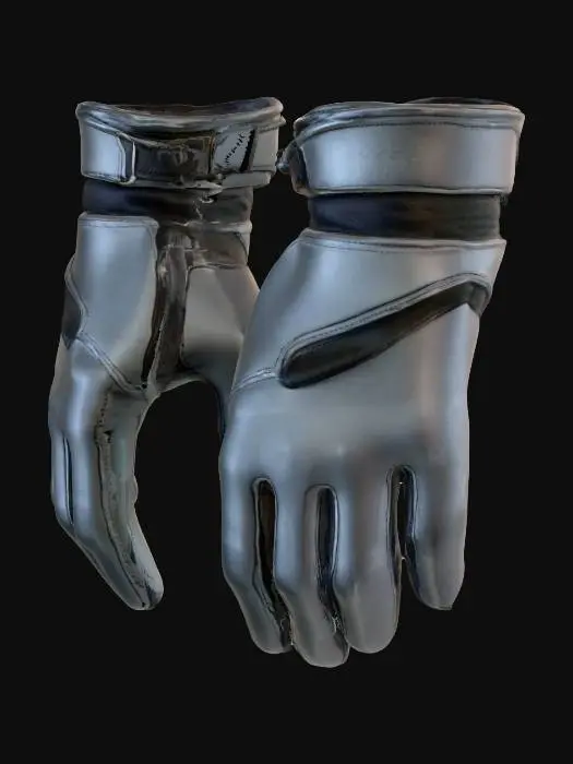 3D model for Parasite Eve 2–inspiriertes Ausrüstungsobjekt, Hauptthema: Einsatzhandschuhe MK1, realistisch, Survival-Horror-Game-Asset. Stil: late-90s, einfaches Gear, keine Logos. Materialien/Farben: Leder/Nylon, matte Textur, dunkles Grau/Schwarz. Details: fingerlose oder dünne Vollfinger-Handschuhe, verstärkte Handflächen, dezente Nähte, kein High-Tech-Schutz. Low-Detail Blockout, klare Silhouette, sauberes Design. Technik: Manifold Mesh, 1×2K PBR, 5–15k Tris, Pivot Bodenmitte, Y-Up, Z-Forward. Neutrales Studio-Licht. Zustand: leichte Falten und Kantenabrieb.