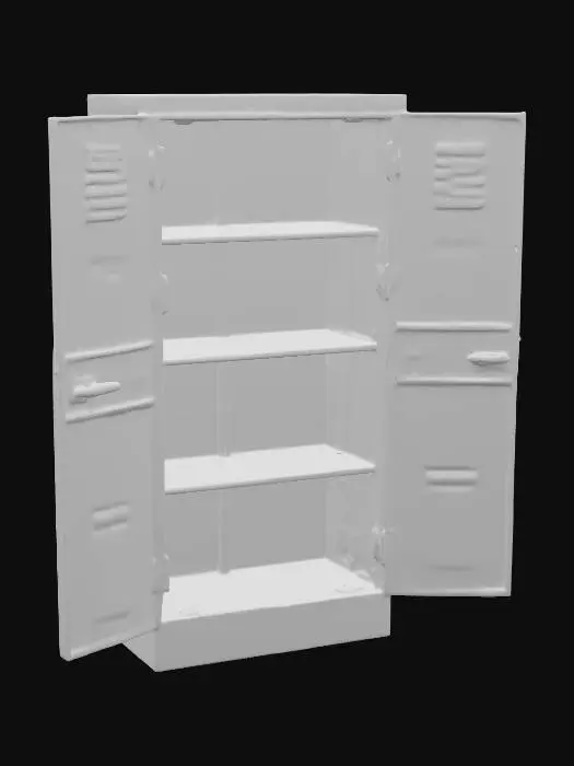 3D model for Environment-Asset, Hauptthema: alter Metallspind 1,8 m hoch, 0,5 m breit, realistisch. Türen halb offen, Scharniere verrostet. Oberfläche grau, Lack abgeplatzt, Rostflecken. Innen leere Fächer grob angedeutet. Technik: manifold mesh, UVs korrekt, 1×2K PBR, 5–10k Tris; Pivot Boden, Y-Up, Z-Forward. Neutral studio light. Nutzung: Innenraumdeko für Umkleiden oder Lager.

