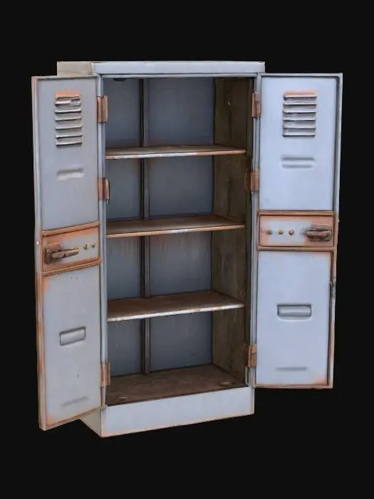 3D model for Environment-Asset, Hauptthema: alter Metallspind 1,8 m hoch, 0,5 m breit, realistisch. Türen halb offen, Scharniere verrostet. Oberfläche grau, Lack abgeplatzt, Rostflecken. Innen leere Fächer grob angedeutet. Technik: manifold mesh, UVs korrekt, 1×2K PBR, 5–10k Tris; Pivot Boden, Y-Up, Z-Forward. Neutral studio light. Nutzung: Innenraumdeko für Umkleiden oder Lager.
