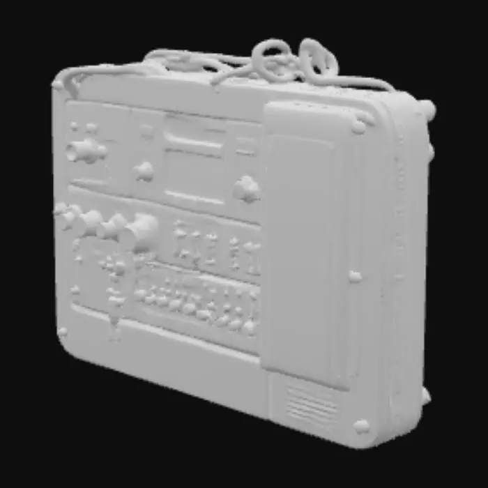 3D model for Industrie-Wand-Schaltkonsole im dystopischen Sci-Fi-Stil. Breites Metallgehäuse, frontseitig modulare Bedienfelder: große Drehschalter, Kippschalter mit Schutzkappen, Tastenreihen, zwei kleine Röhrenanzeigen plus ein Holo-Statusfeld (bläuliches Glühen). Oben Warnleuchte (rot), seitlich Kabeldurchführungen mit Geflechtschlauch. Lack mattgrau, Kanten blank gerieben, Kratzer, Rostnasen an Schrauben. Sicherheitsaufdrucke, Warnpiktogramme, Serienetikett. Maße ca. 90×45×18 cm, Wandhalterung sichtbar. Farbpalette: Stahlgrau, Schwarz, Gelb/Rot, Neonblau. Halb-realistisch, stilisiert.