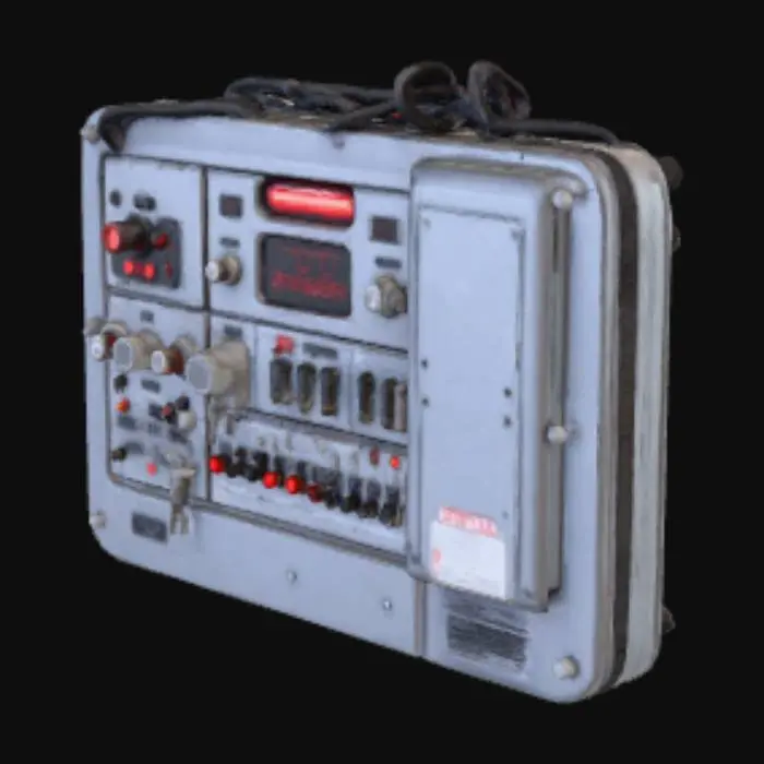 3D model for Industrie-Wand-Schaltkonsole im dystopischen Sci-Fi-Stil. Breites Metallgehäuse, frontseitig modulare Bedienfelder: große Drehschalter, Kippschalter mit Schutzkappen, Tastenreihen, zwei kleine Röhrenanzeigen plus ein Holo-Statusfeld (bläuliches Glühen). Oben Warnleuchte (rot), seitlich Kabeldurchführungen mit Geflechtschlauch. Lack mattgrau, Kanten blank gerieben, Kratzer, Rostnasen an Schrauben. Sicherheitsaufdrucke, Warnpiktogramme, Serienetikett. Maße ca. 90×45×18 cm, Wandhalterung sichtbar. Farbpalette: Stahlgrau, Schwarz, Gelb/Rot, Neonblau. Halb-realistisch, stilisiert.