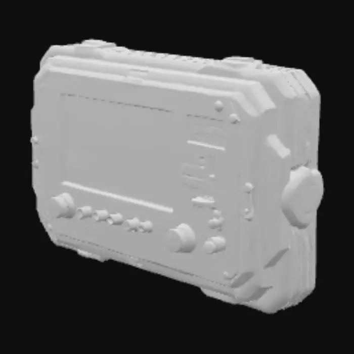 3D model for Highly detailed sci-fi wall-mounted control terminal, industrial yellow/orange with gunmetal frame, holographic display, physical buttons, glowing touch interface, subtle wear and scratches, realistic scale, clean topology, PBR-ready textures, baked AO, optimized for game engines.