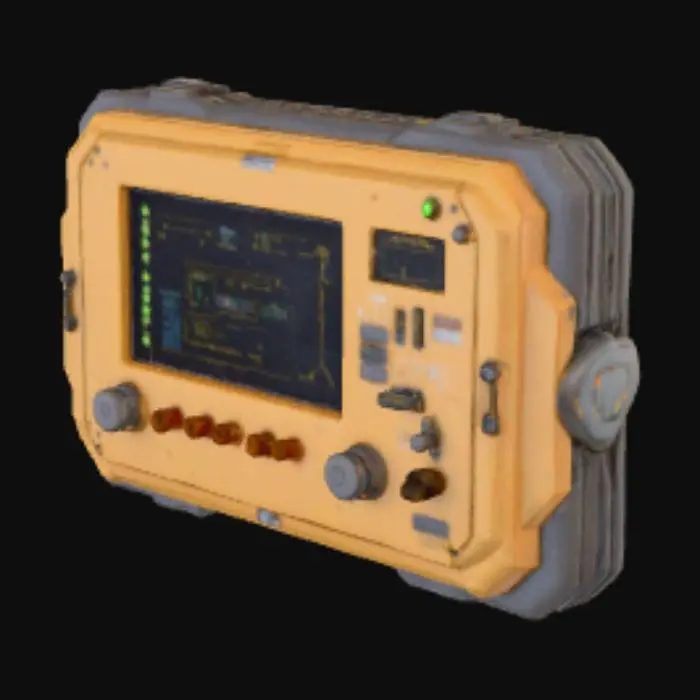 3D model for Highly detailed sci-fi wall-mounted control terminal, industrial yellow/orange with gunmetal frame, holographic display, physical buttons, glowing touch interface, subtle wear and scratches, realistic scale, clean topology, PBR-ready textures, baked AO, optimized for game engines.