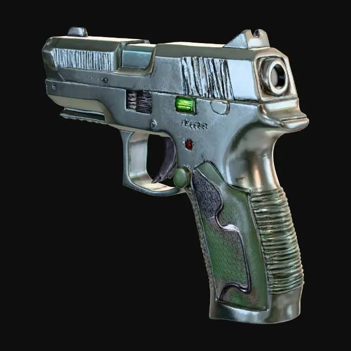 3D model for Late-90s Survival-Horror, Parasite Eve-inspiriert (keine Logos/IP). Game-ready, realistische Maße. Materialien: Stahl, lackiertes Metall, gealterter Kunststoff, Glas, Leder; kühle Blau/Grün/Grau, optionale Amber-LED. Dezent: Schmutz, Kantenabrieb, feine Kratzer. Technik: sauberes Manifold, nicht überlappende UVs, 1×2K PBR (BC/R/M/N/AO), 5–15k Tris; Pivot Basiszentrum, Y-Up, Z-Forward (Unity). Studio-Neutrallicht; keine Schrift/Decals; funktionale Silhouetten.

Kompakte 9-mm-Pistole, 19 cm, kantiger Verschluss, Polymergriff, Stahlrahmen, Kimme/Korn, keine Optikschiene; moderate Griffrillen, Zerlegehebel sichtbar; mattes Metall mit leichtem Kantenabrieb, Magazin eingesetzt, keine Markierungen.
