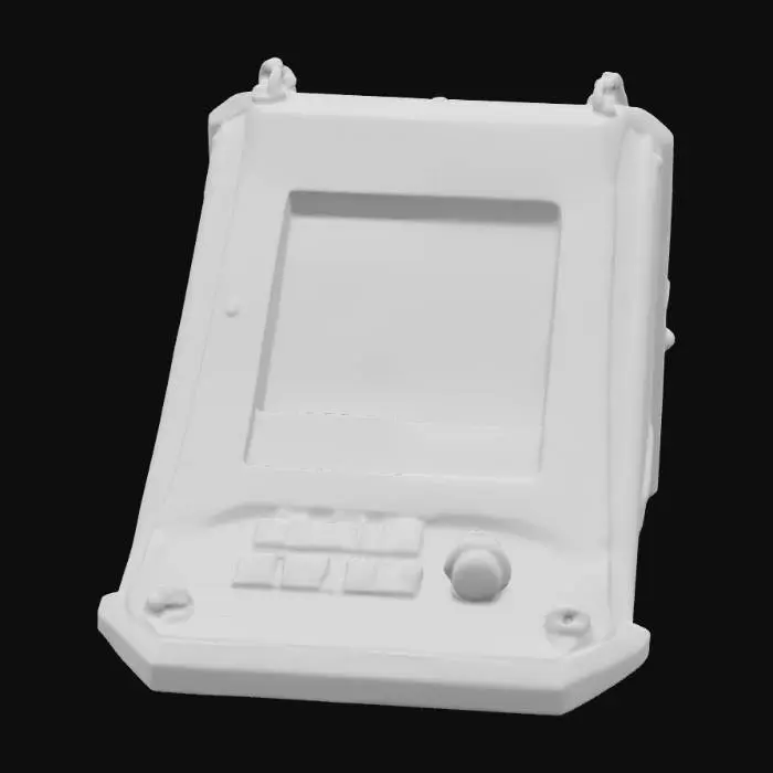 3D model for Highly detailed sci-fi wall-mounted control terminal, industrial yellow/orange with gunmetal frame, holographic display, physical buttons, glowing touch interface, subtle wear and scratches, realistic scale, clean topology, PBR-ready textures, baked AO, optimized for game engines. #PBR#