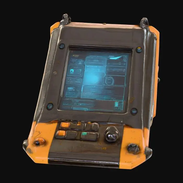 3D model for Highly detailed sci-fi wall-mounted control terminal, industrial yellow/orange with gunmetal frame, holographic display, physical buttons, glowing touch interface, subtle wear and scratches, realistic scale, clean topology, PBR-ready textures, baked AO, optimized for game engines. #PBR#