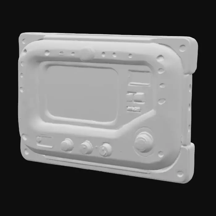 3D model for Highly detailed sci-fi wall-mounted control terminal, industrial yellow/orange with gunmetal frame, holographic display, physical buttons, glowing touch interface, subtle wear and scratches, realistic scale, clean topology, PBR-ready textures, baked AO, optimized for game engines. #PBR#