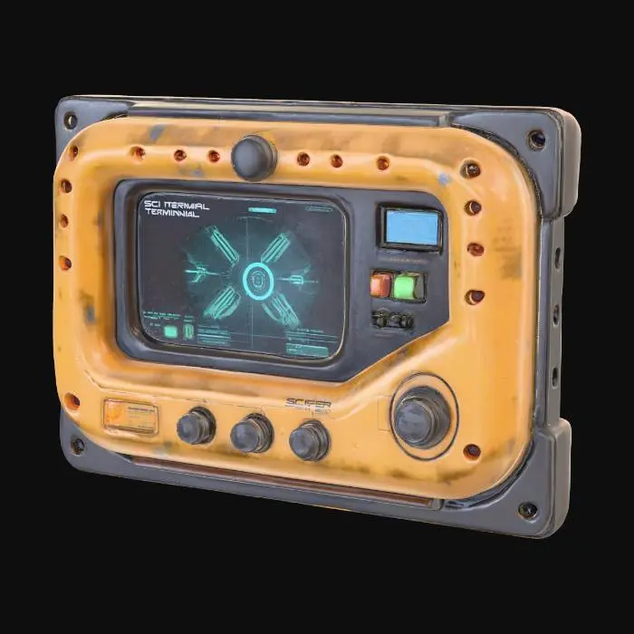 3D model for Highly detailed sci-fi wall-mounted control terminal, industrial yellow/orange with gunmetal frame, holographic display, physical buttons, glowing touch interface, subtle wear and scratches, realistic scale, clean topology, PBR-ready textures, baked AO, optimized for game engines. #PBR#