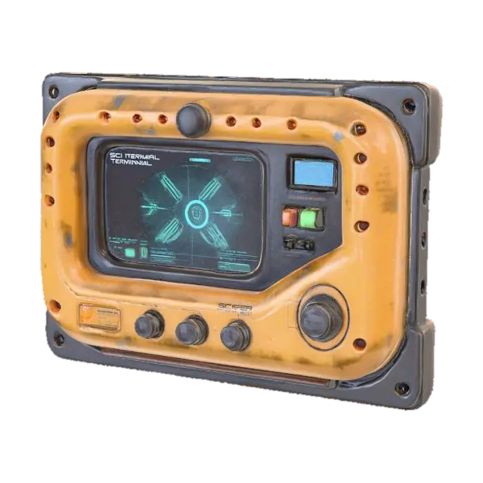 Highly detailed sci-fi wall-mounted control terminal, industrial yellow/orange with… 3D model, vytvořený pomocí AI