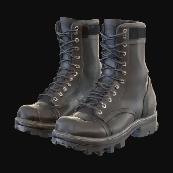 3D model for Parasite Eve 2–inspiriertes Ausrüstungsobjekt, Hauptthema: Stiefel MK1, realistisch, Survival-Horror-Game-Asset. Stil: nüchterne Einsatzstiefel, late-90s Militär/Polizei-Look, keine Logos. Materialien/Farben: Leder/Nylon, matte Oberfläche, dunkles Schwarz/Grau. Details: mittelhoher Schaft, grobe Profilsohle, einfache Schnürung, keine Panzerung. Low-Detail Blockout, klare Form. Technik: sauberes Manifold, 1×2K PBR, 5–15k Tris, Pivot Bodenmitte, Y-Up, Z-Forward. Neutrales Studio-Licht. Zustand: leicht abgetragen, dezente Falten am Leder, realistisch getragen.
