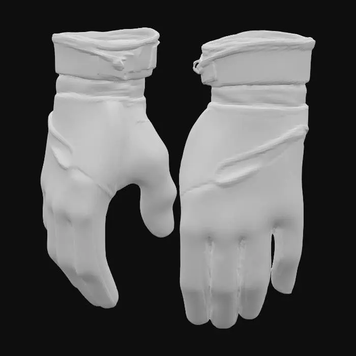 3D model for Parasite Eve 2–inspiriertes Ausrüstungsobjekt, Hauptthema: Einsatzhandschuhe MK1, realistisch, Survival-Horror-Game-Asset. Stil: late-90s, einfaches Gear, keine Logos. Materialien/Farben: Leder/Nylon, matte Textur, dunkles Grau/Schwarz. Details: fingerlose oder dünne Vollfinger-Handschuhe, verstärkte Handflächen, dezente Nähte, kein High-Tech-Schutz. Low-Detail Blockout, klare Silhouette, sauberes Design. Technik: Manifold Mesh, 1×2K PBR, 5–15k Tris, Pivot Bodenmitte, Y-Up, Z-Forward. Neutrales Studio-Licht. Zustand: leichte Falten und Kantenabrieb.