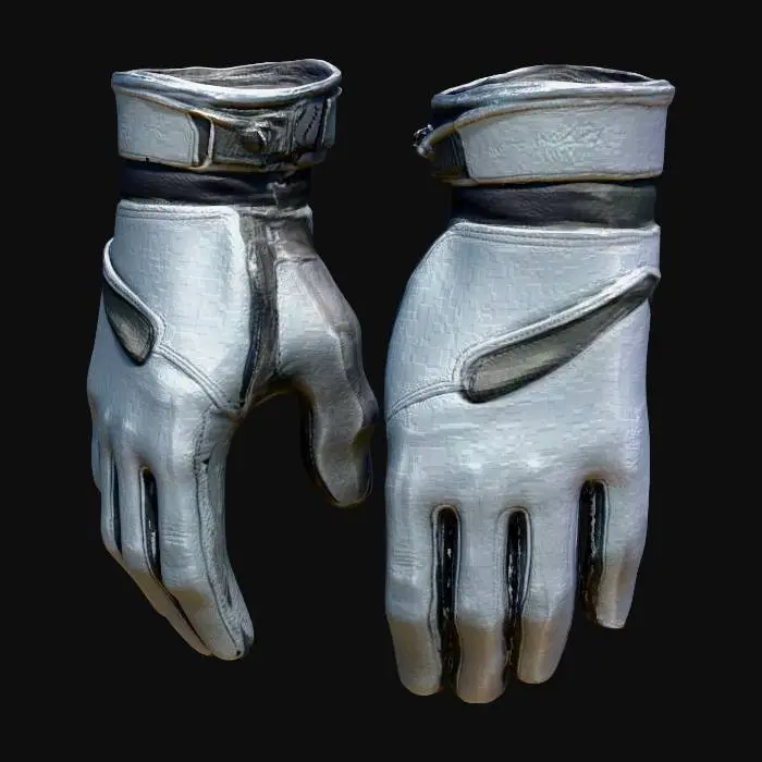 3D model for Parasite Eve 2–inspiriertes Ausrüstungsobjekt, Hauptthema: Einsatzhandschuhe MK1, realistisch, Survival-Horror-Game-Asset. Stil: late-90s, einfaches Gear, keine Logos. Materialien/Farben: Leder/Nylon, matte Textur, dunkles Grau/Schwarz. Details: fingerlose oder dünne Vollfinger-Handschuhe, verstärkte Handflächen, dezente Nähte, kein High-Tech-Schutz. Low-Detail Blockout, klare Silhouette, sauberes Design. Technik: Manifold Mesh, 1×2K PBR, 5–15k Tris, Pivot Bodenmitte, Y-Up, Z-Forward. Neutrales Studio-Licht. Zustand: leichte Falten und Kantenabrieb.