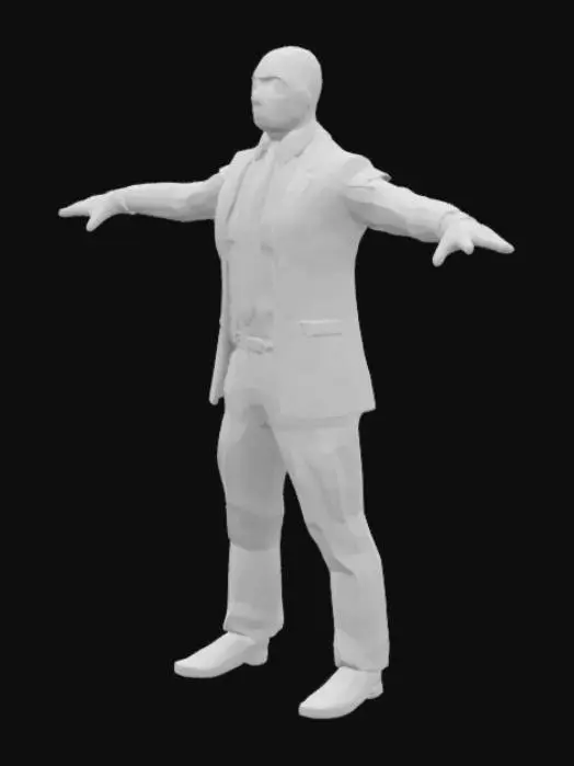 3D model for A 1.8m tall muscular mesomorphic male with matte black skin. He wears a fitted navy blue suit, a large red tie, and a tight black t-shirt. His matte black gloves and two-hole balaclava mask fit tightly, revealing muscle and bone contours. The mask exposes only his eyes, which have bright red irises. His elongated cranium contrasts with a strong, sharp jawline, wide chin, and bony, defined facial features. He wears black leather loafers. The character stands in a classic T-pose with arms extended horizontally, fingers straight and relaxed. The look is sleek and intimidating.