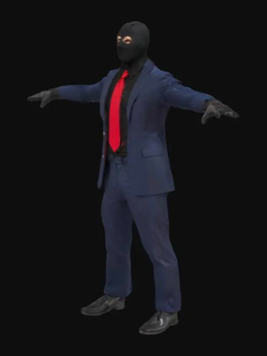 3D model for A 1.8m tall muscular mesomorphic male with matte black skin. He wears a fitted navy blue suit, a large red tie, and a tight black t-shirt. His matte black gloves and two-hole balaclava mask fit tightly, revealing muscle and bone contours. The mask exposes only his eyes, which have bright red irises. His elongated cranium contrasts with a strong, sharp jawline, wide chin, and bony, defined facial features. He wears black leather loafers. The character stands in a classic T-pose with arms extended horizontally, fingers straight and relaxed. The look is sleek and intimidating.