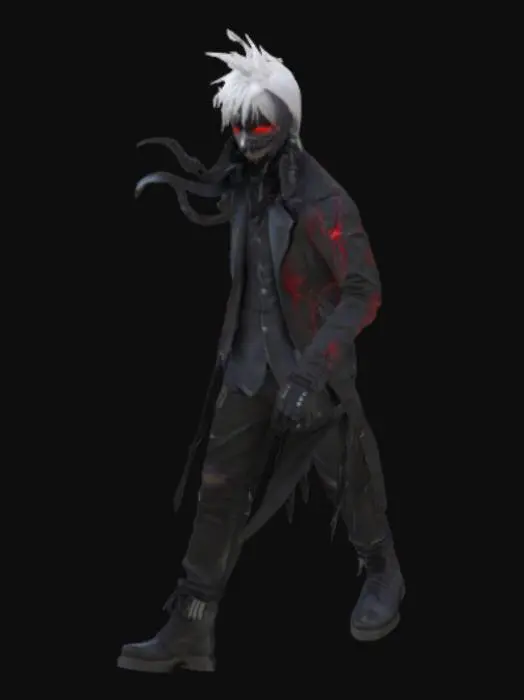 3D model for Create a highly detailed 3D model of a Tokyo Ghoul-inspired character. The character should have a dark, gothic aesthetic with a modern Tokyo streetwear twist. They should wear a tattered black leather jacket with red glowing veins running through it, a ghoul mask covering the lower half of the face (similar to Kaneki’s), and white hair with sharp, asymmetrical strands. The eyes should be red and black, glowing with a sinister aura. Add kagune tentacles emerging from the back, semi-transparent and glowing red with sharp edges. The background should be a rainy Tokyo alley with neon signs reflecting off wet pavement. Pose the character in a crouching, battle-ready stance with dramatic lighting from above.