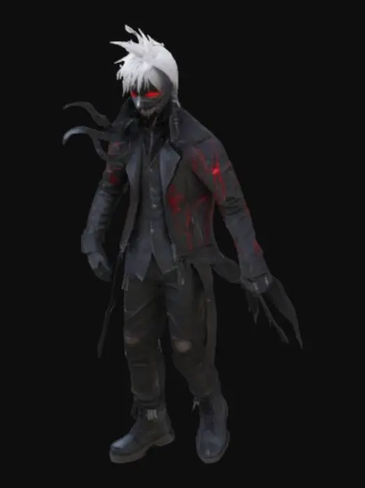 3D model for Create a highly detailed 3D model of a Tokyo Ghoul-inspired character. The character should have a dark, gothic aesthetic with a modern Tokyo streetwear twist. They should wear a tattered black leather jacket with red glowing veins running through it, a ghoul mask covering the lower half of the face (similar to Kaneki’s), and white hair with sharp, asymmetrical strands. The eyes should be red and black, glowing with a sinister aura. Add kagune tentacles emerging from the back, semi-transparent and glowing red with sharp edges. The background should be a rainy Tokyo alley with neon signs reflecting off wet pavement. Pose the character in a crouching, battle-ready stance with dramatic lighting from above.