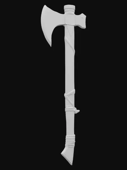 3D model for I'd like a Viking battle axe, wooden grip with leather straps, metal engravings on axe heads, detailed wooden shaft.